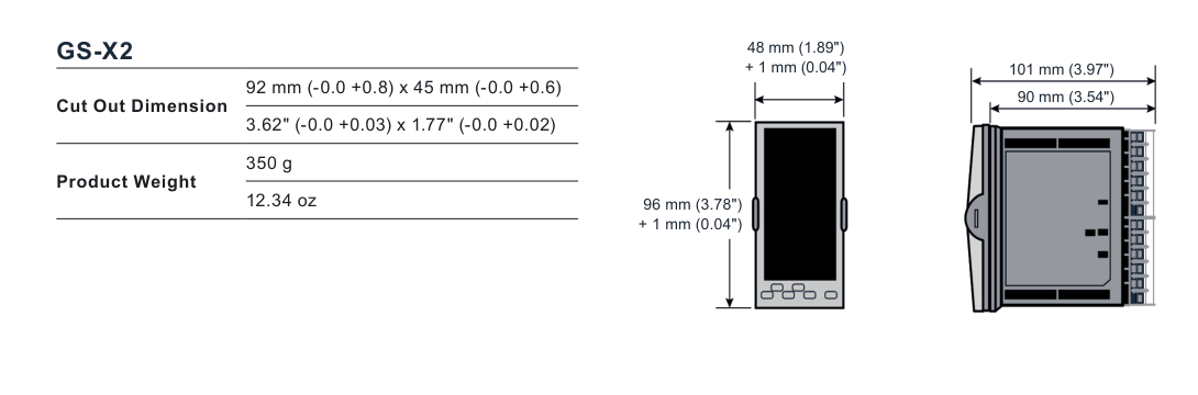 GS-X2 可编程 PID 控制器尺寸，92 x 45 毫米面板cut-out，标称48 x 96 毫米正面和大约90 毫米后部深度