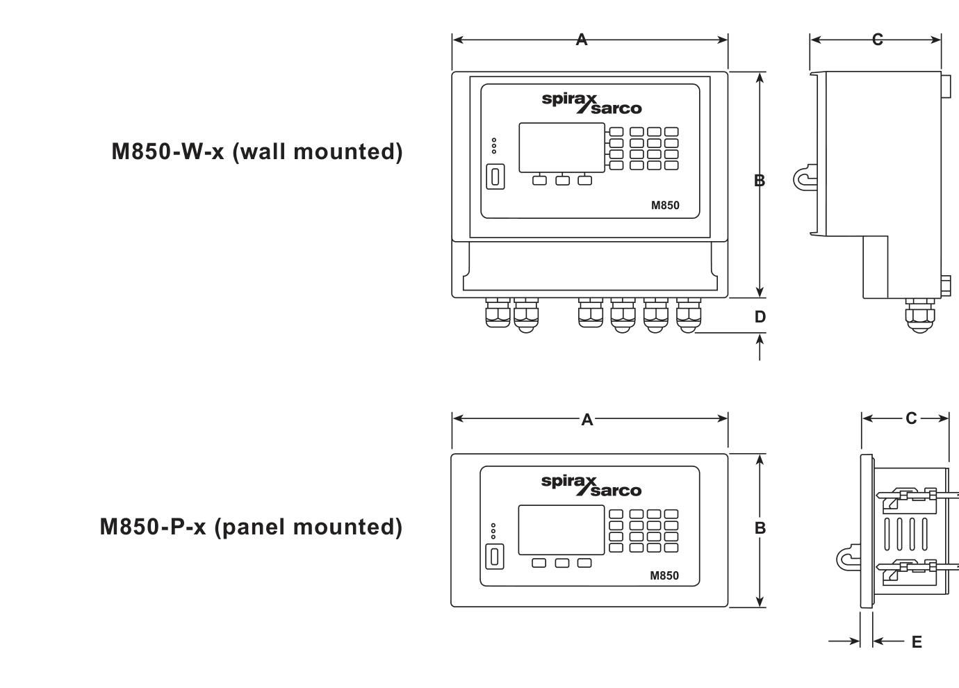 M850-W 壁挂式与 M850-P 盘装式流量计算机尺寸图