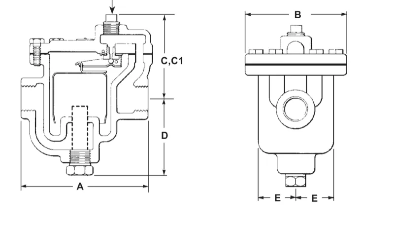 B1H 倒吊桶式蒸汽疏水阀尺寸图,标有尺寸 A、B、C、C1、D 和 E