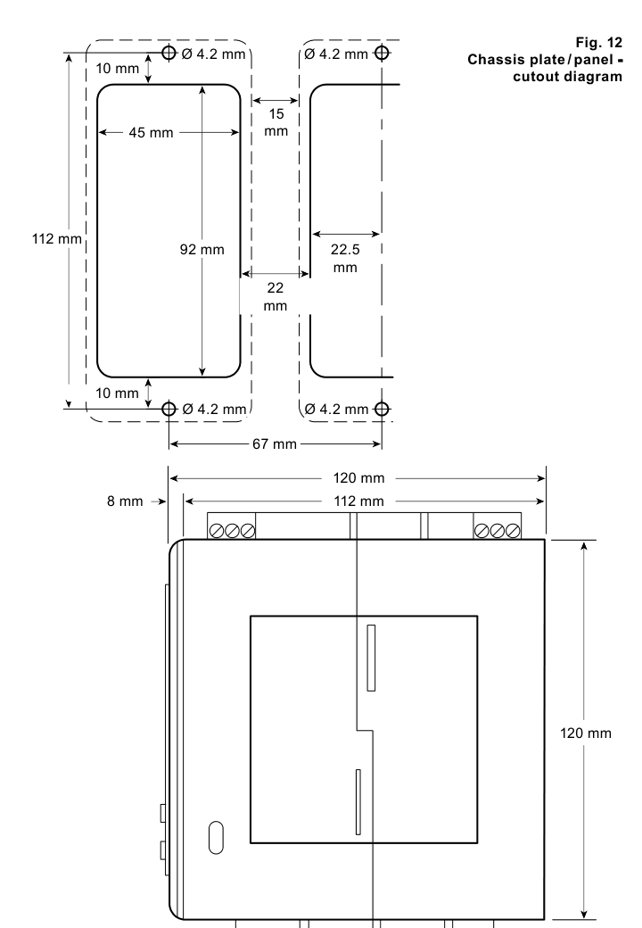 LC2650 底盘板和面板开孔图，开孔尺寸为 45 mm × 92 mm，并带有 4.2 mm 安装孔
