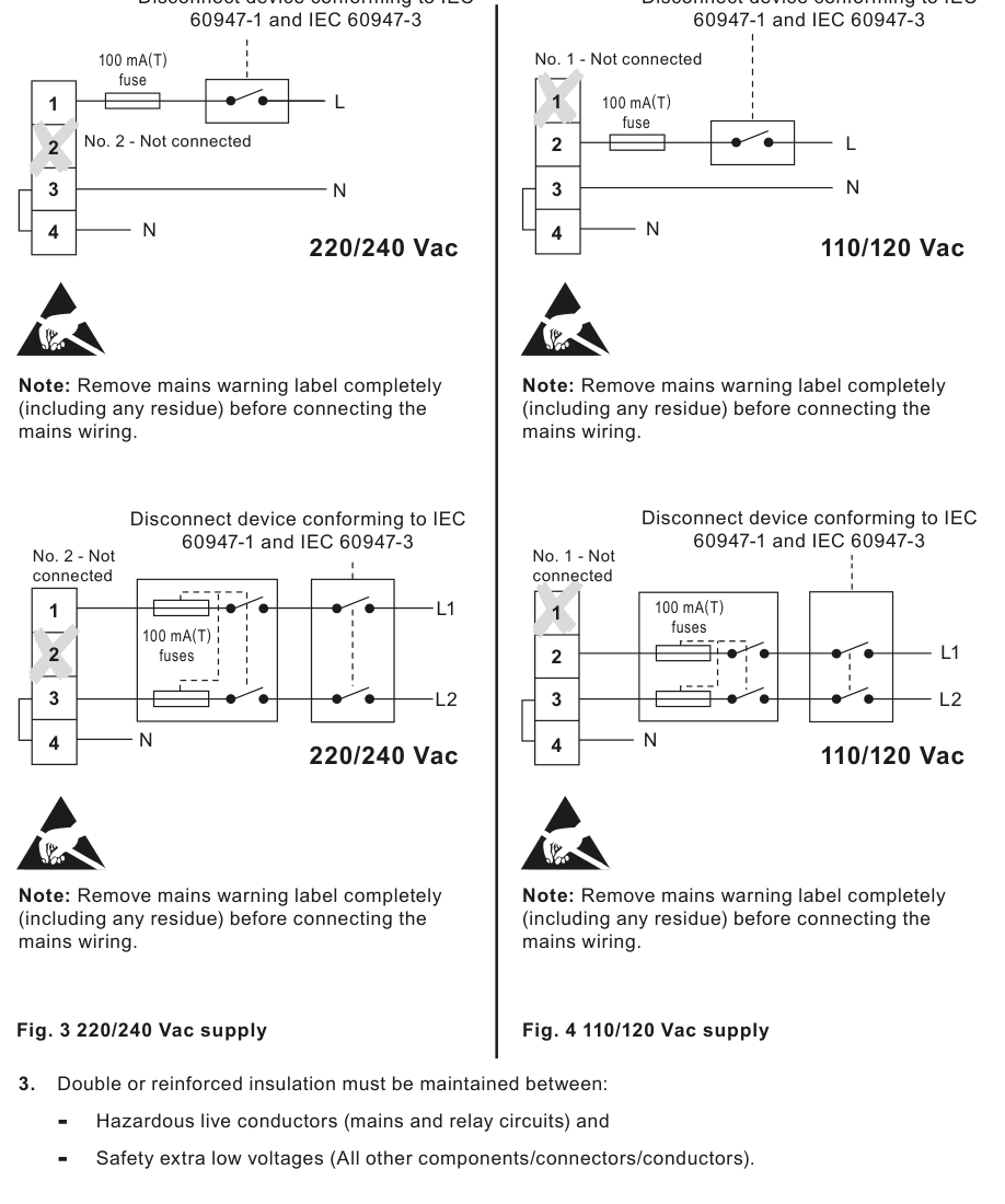 LC3050 220/240 Vac 和 110/120 Vac 电源接线图