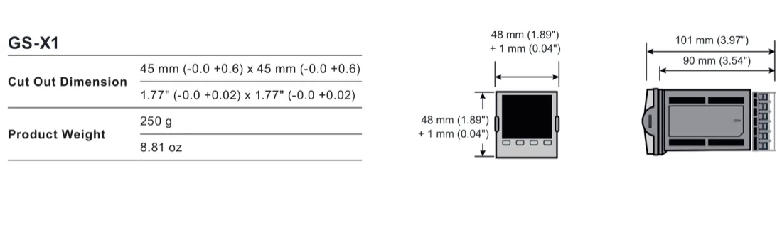GS-X1 可编程 PID 控制器尺寸，45 × 45 毫米面板开孔，正面尺寸为 48 毫米，后部深度约为 90 毫米